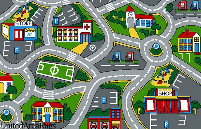 Kids Rug Interactive Play Carpet Gray Roadway Base Soccer Field