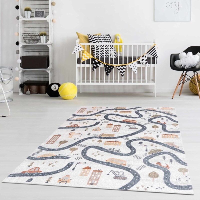 Kids Rug Road Map Neutral Base Mustard Yellow Accents Low Pile