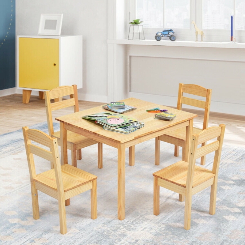 Kids Table Chair Set Five Piece Natural Pine Slatted Back Chairs