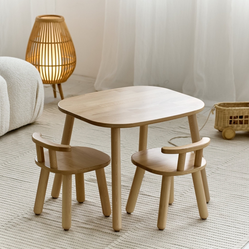 Kids Table Set Curved Backrest Beech Wood Scandinavian Nursery Furniture