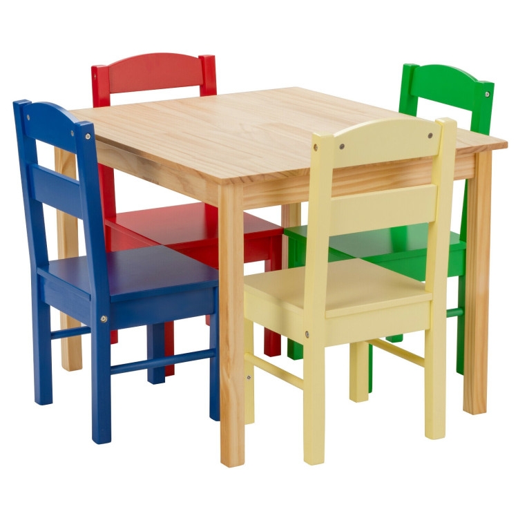 Kids Table Set Primary Multicolor Chairs Pine Wood Playroom Table
