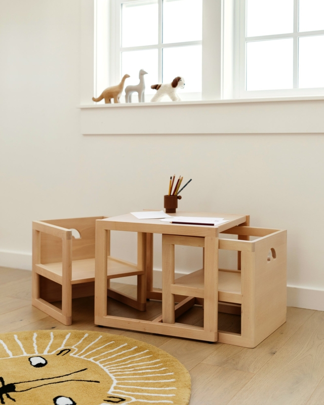Kids Table Set Reversible Seating Nesting Design Light Natural Wood