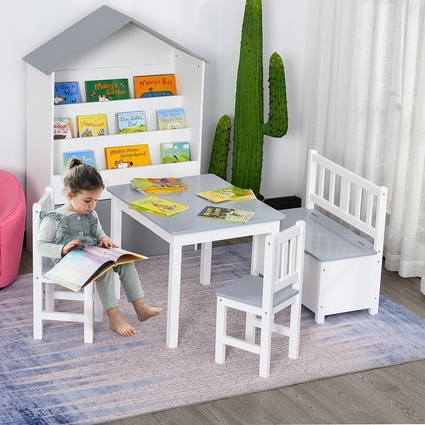 Kids Table Set with Storage Bench and House Shaped Shelf