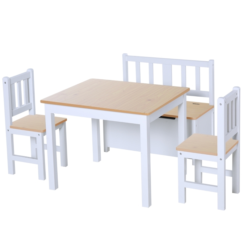 Kids Table Set with Storage Bench and Slat Back Chairs