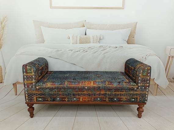 Kilim Pattern Storage Bench with Scroll Arms and Nailhead Trim