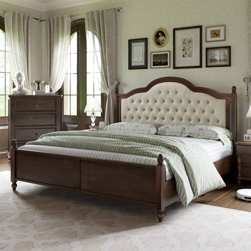 King Bed Frame Roman Column Posts Arched Tufted Headboard