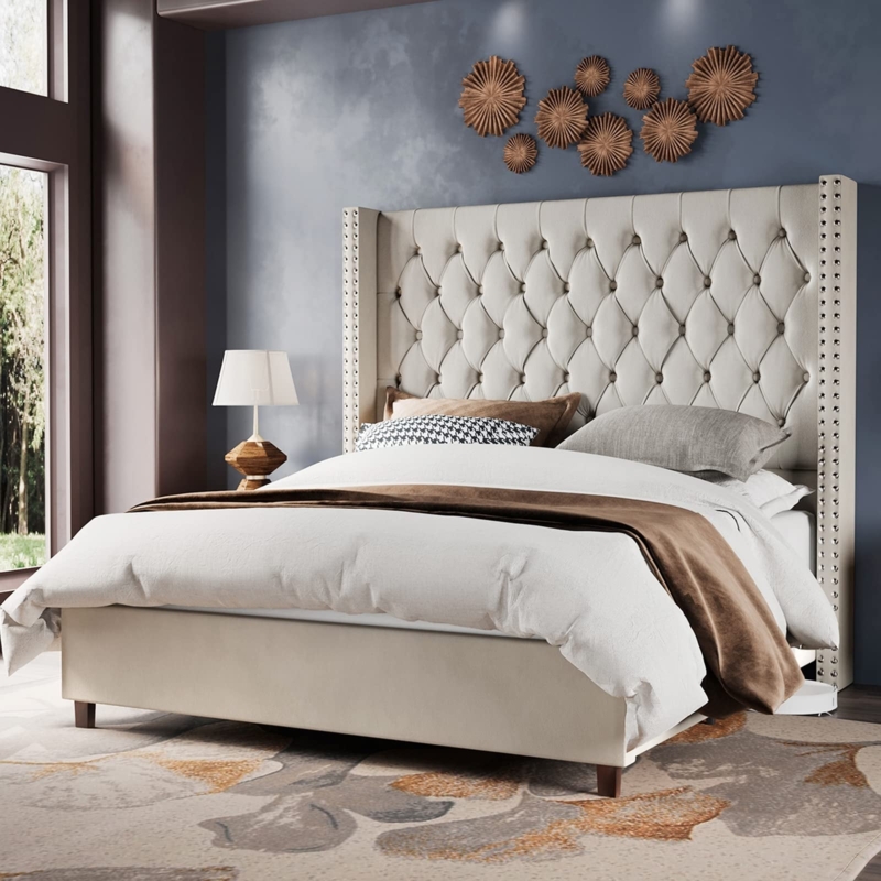 King Bed Frame with Extra Tall Profile Wingback Headboard in Velvet