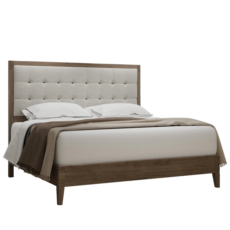 King Bed Frame Wood Bordered Ash Gray Upholstered Headboard