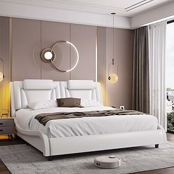 King Bed, Leather-Like, Integrated Bolster Cushions, Curved Rails