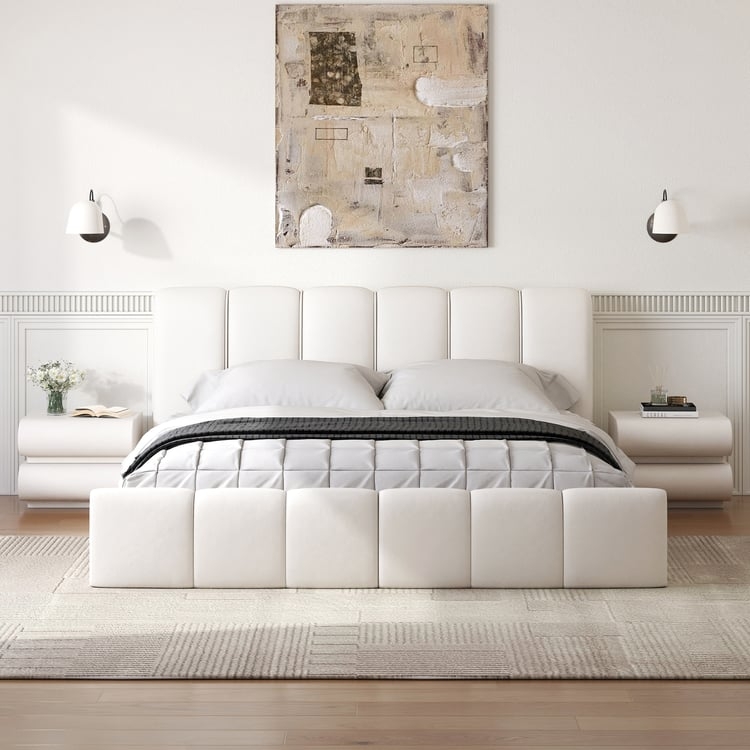 King Bedroom Set, Vertical Channel Tufted Bed, Curved Smart Nightstands