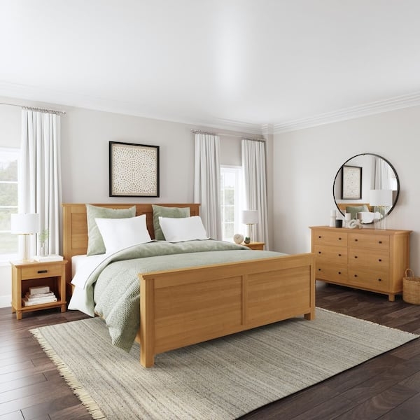 King Bedroom Set Warm Oak Finish Paneled Wood Detail Craftsman