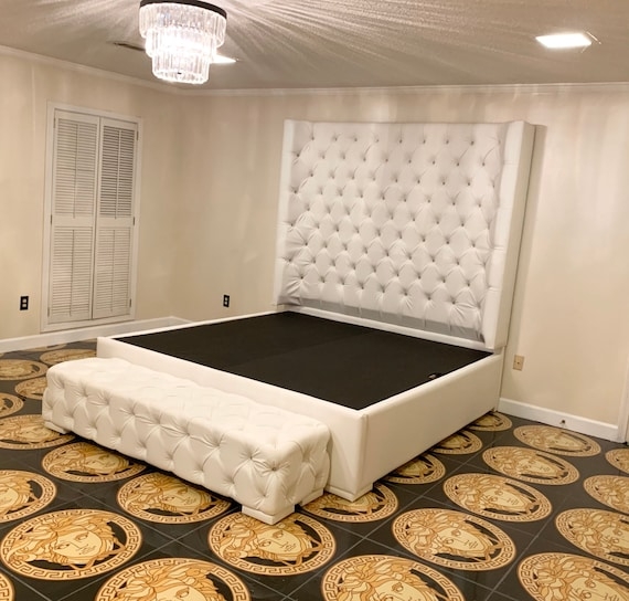 King Wingback Bed, Extra Tall Diamond Tufted Headboard & Bench