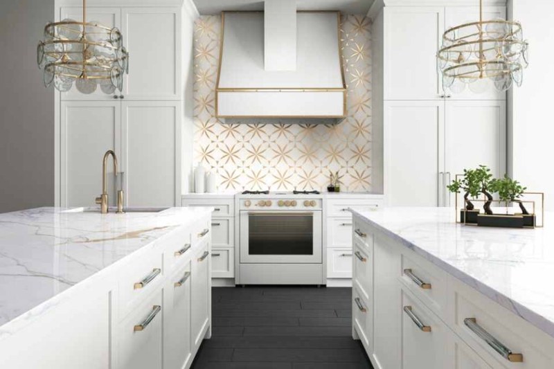 Kitchen Backsplash Gold Starburst Pattern in Glam Transitional Style