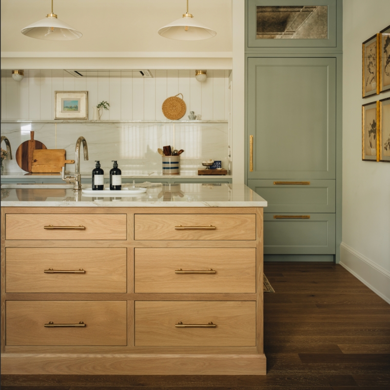 Kitchen Cabinetry with Sage Green Pantry and Inset Drawers