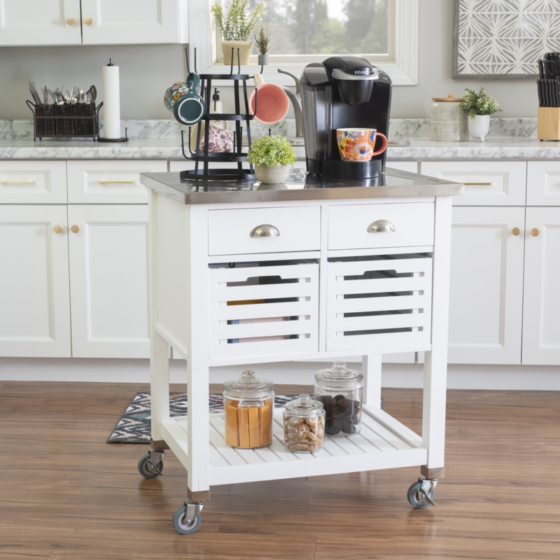 Kitchen Cart Slatted Storage Bins White Wood Stainless Steel Top Island