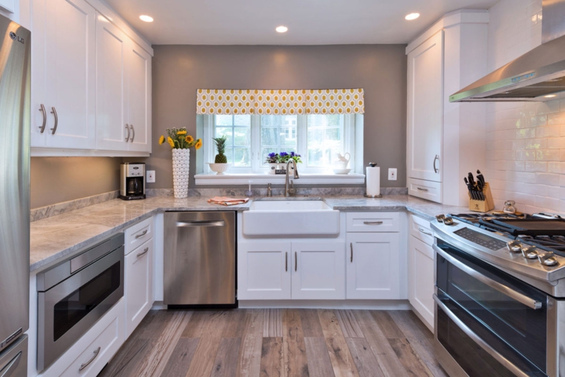 Kitchen Design with Microwave Drawer and Geometric Valance.
