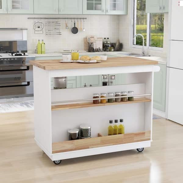 Kitchen Island Cart with Locking Casters and Spice Rack Shelf.