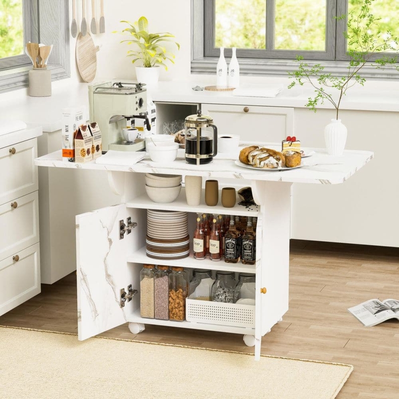 Kitchen Island White Marble Drop Leaf with Rolling Casters