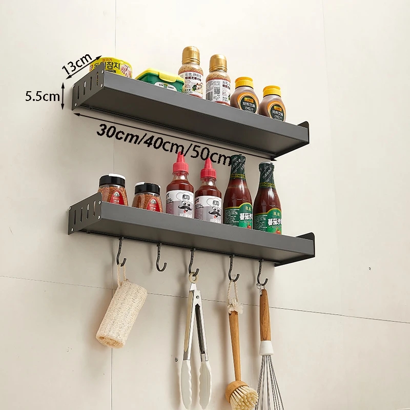 Kitchen Organizer with Hooks Metal Slotted Sides Matte Finish Shelf