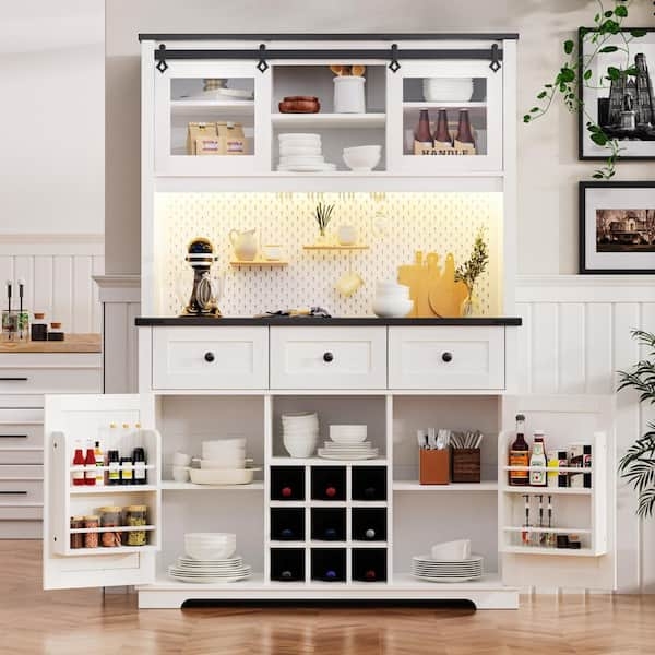 Kitchen Pantry Hutch with Integrated Wine Rack and Barn Doors