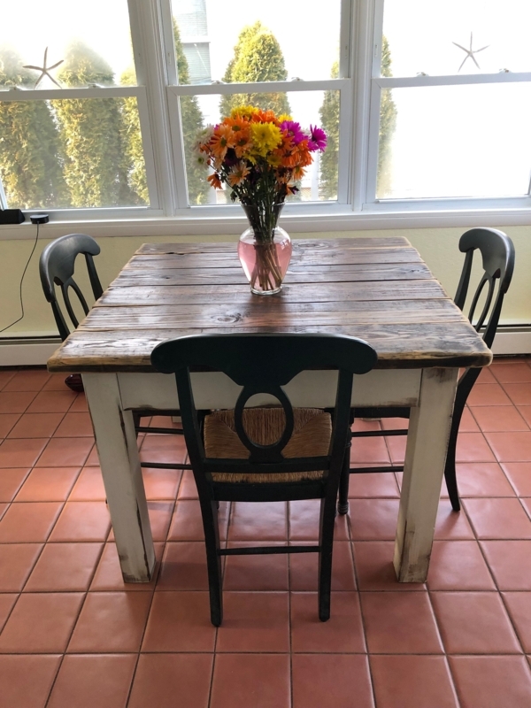 Kitchen Table Distressed White Base and Plank Top Oval Splat Chairs