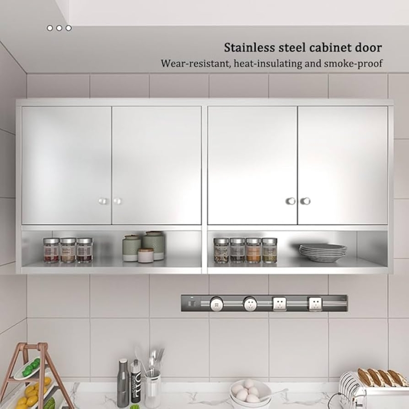 Kitchen Wall Cabinet in Brushed Silver with Integrated Open Lower Shelf