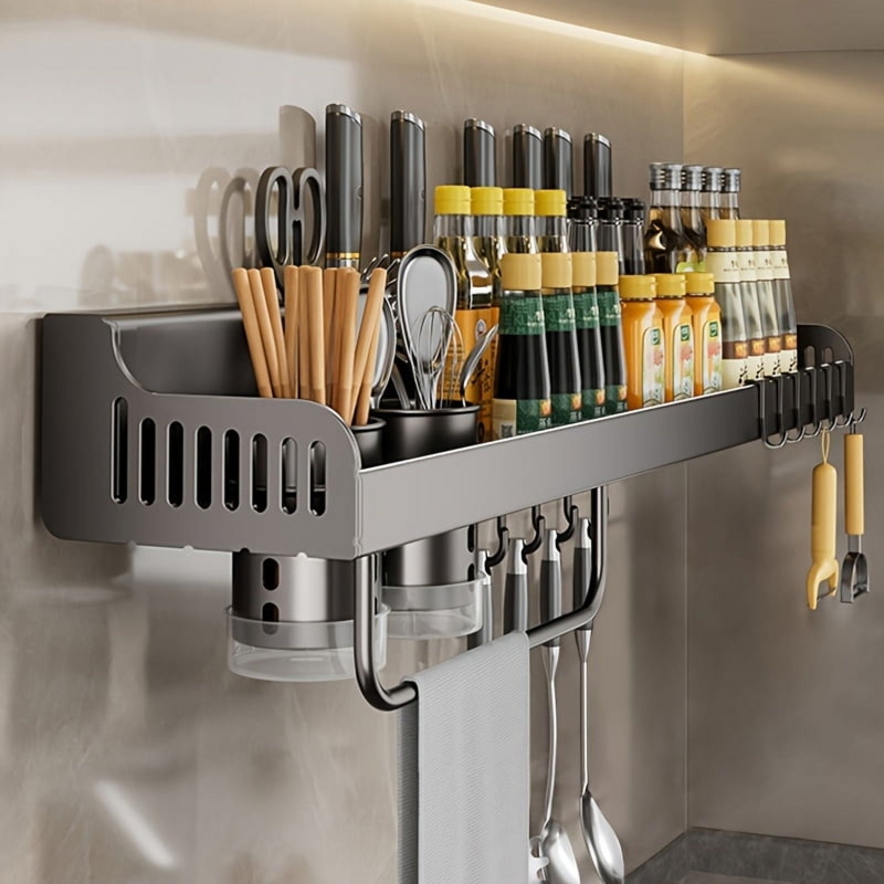 Kitchen Wall Rack Matte Metal Finish Integrated Utensil Cups