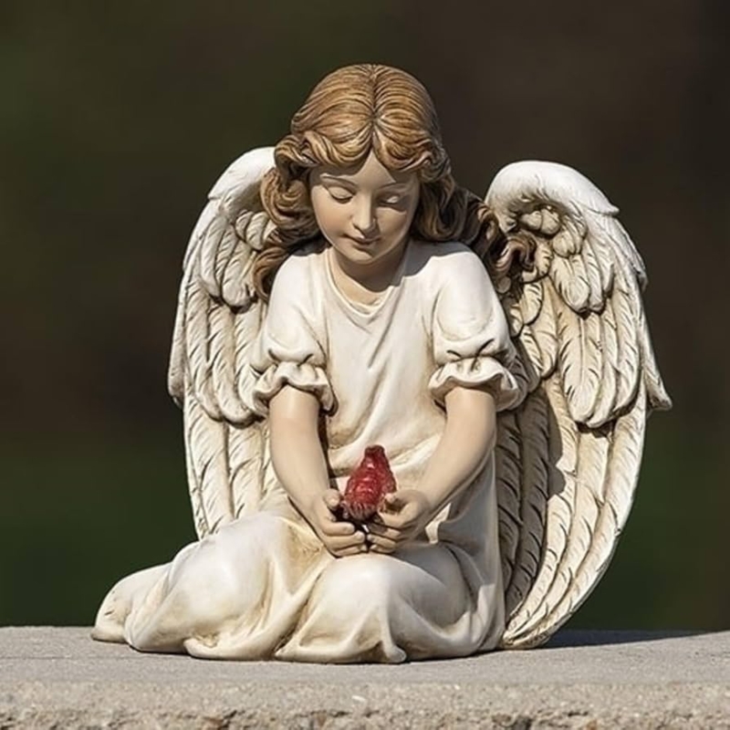 Kneeling Angel Garden Statue with Cardinal Accent and Wings