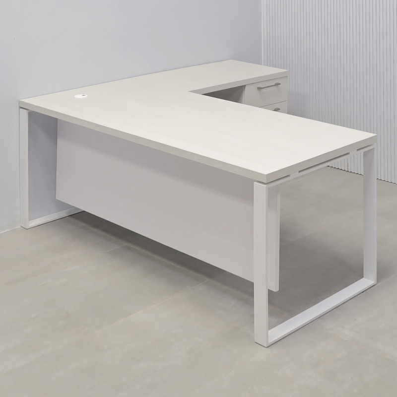 L-Shape Desk in White Ash Laminate with Open Frame Metal Legs