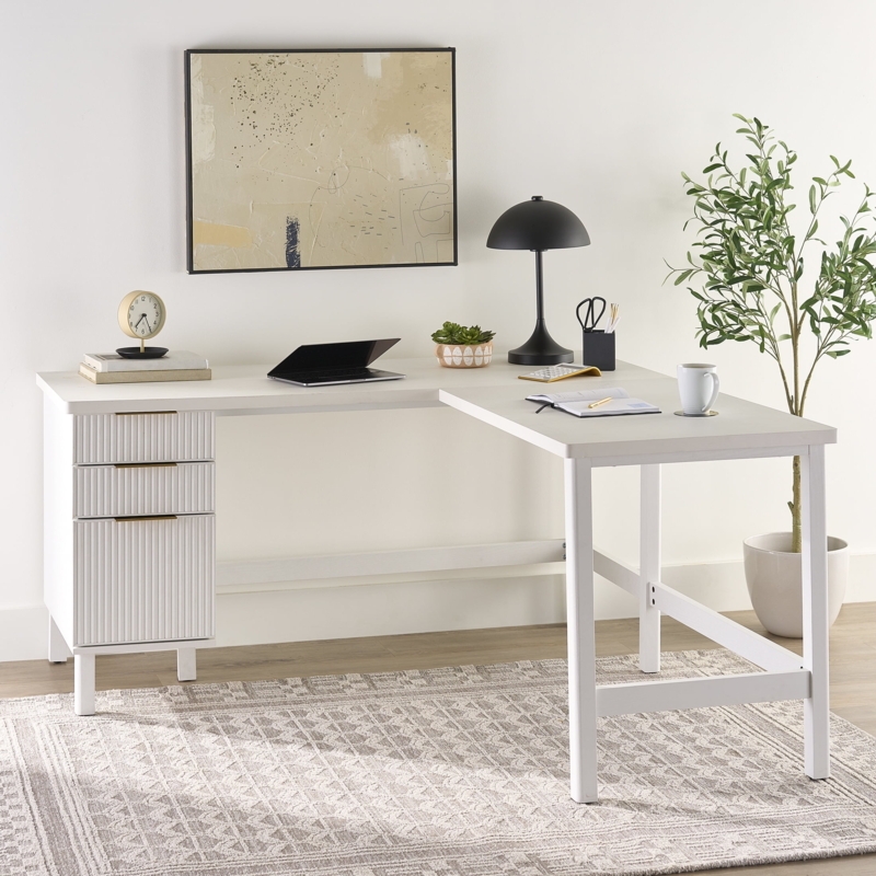 L-Shape Desk with Fluted Drawers, Gold Hardware, and Trestle Base