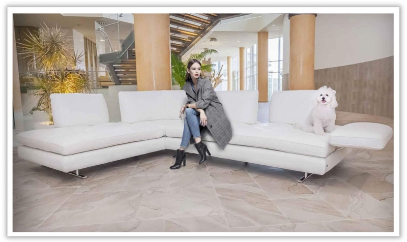 L-Shape Sectional: Arctic White Leather, Low Profile, Adjustable Armrest