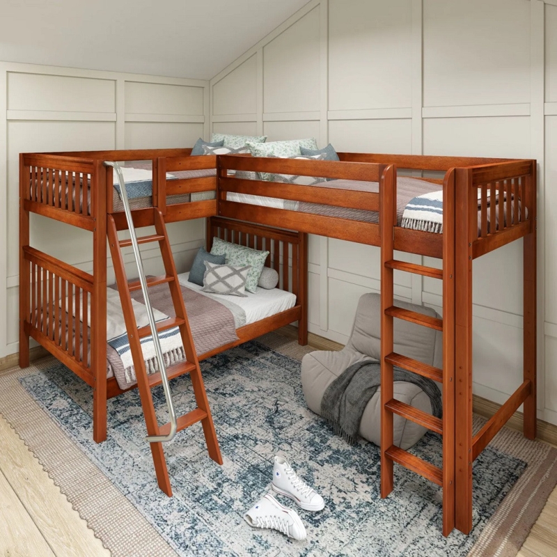 L-Shaped Bunk Bed Warm Chestnut Wood with Slatted Guardrails