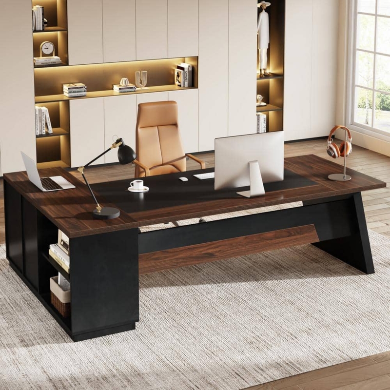 L-Shaped Desk Angled Silhouette Leg Walnut and Black Executive Walnut Desk