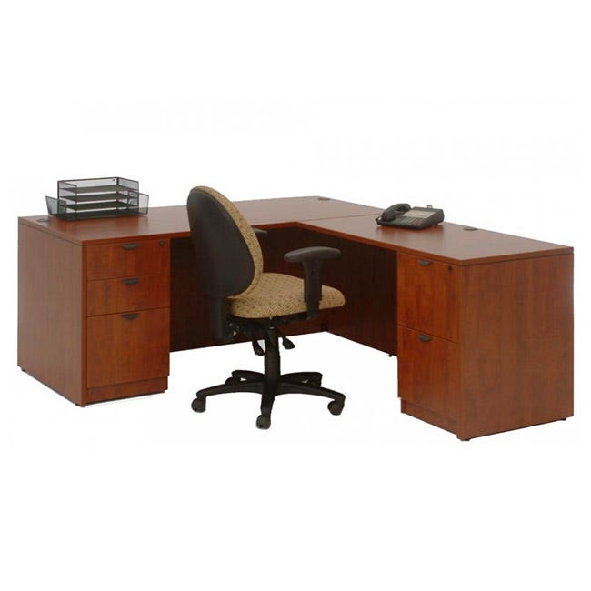 L-Shaped Desk Dual Storage Pedestals Cherry Finish Transitional Style