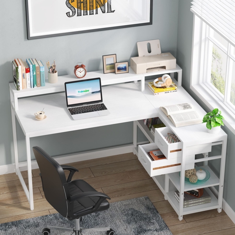 L-Shaped Desk featuring Monitor Stand and Wood-Toned Accents