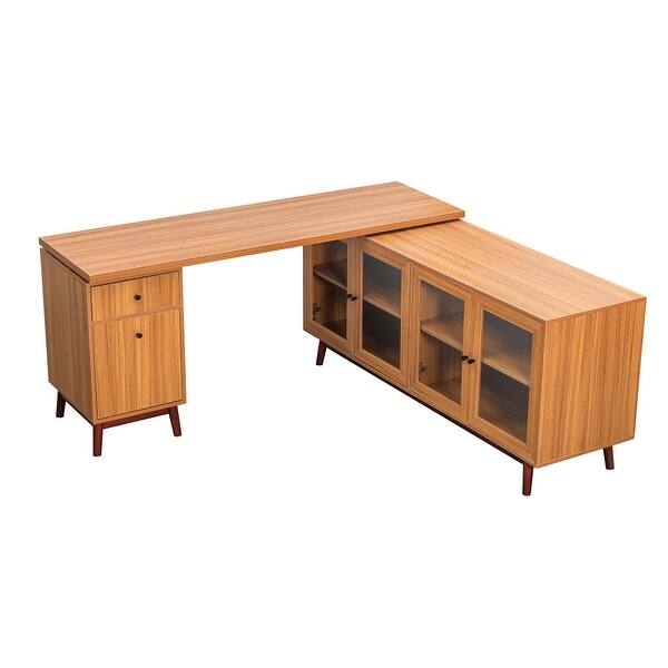 L-Shaped Desk Glass Cabinet Doors Teak Brown Staggered Height