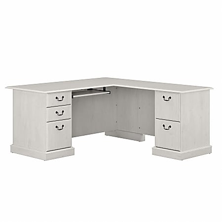 L-Shaped Desk in Linen White Oak Finish with Dual Pedestals