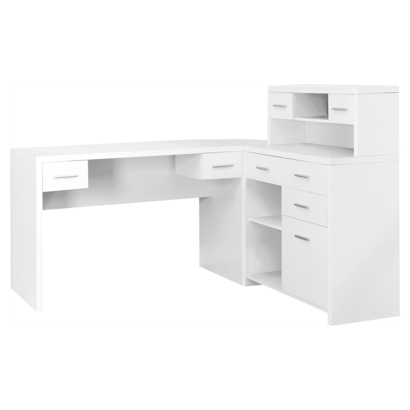 L-Shaped Desk of White Rubberwood with Multi-Drawer Storage Hutch