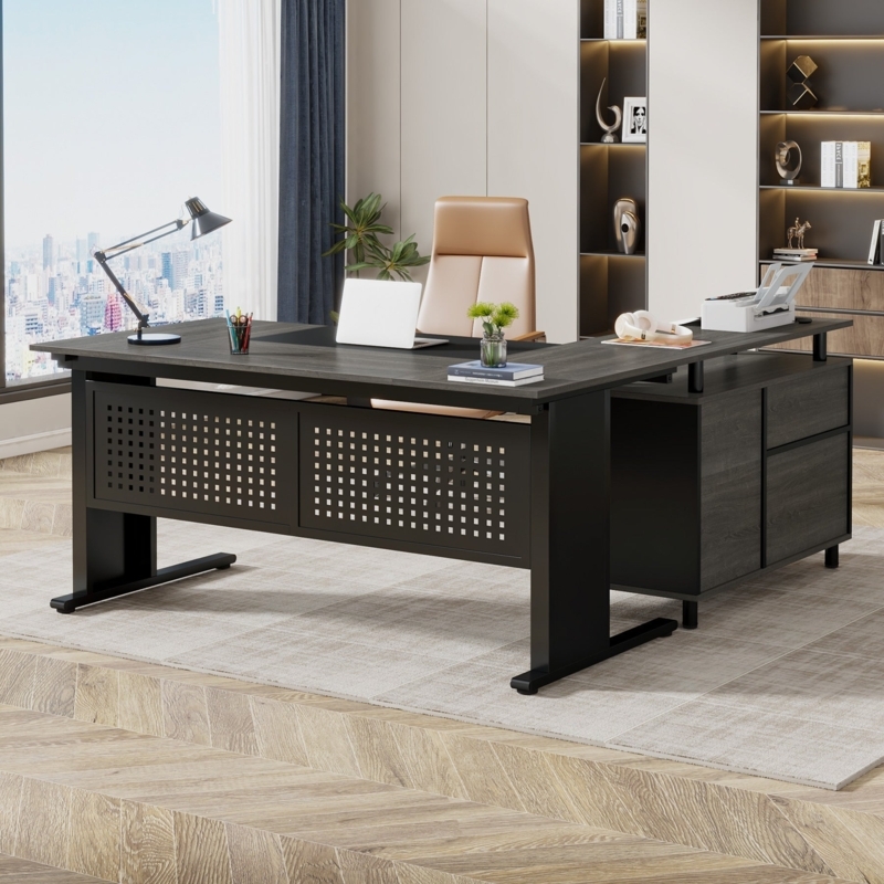 L-Shaped Desk Perforated Modesty Panel Industrial Black Metal Cabinet