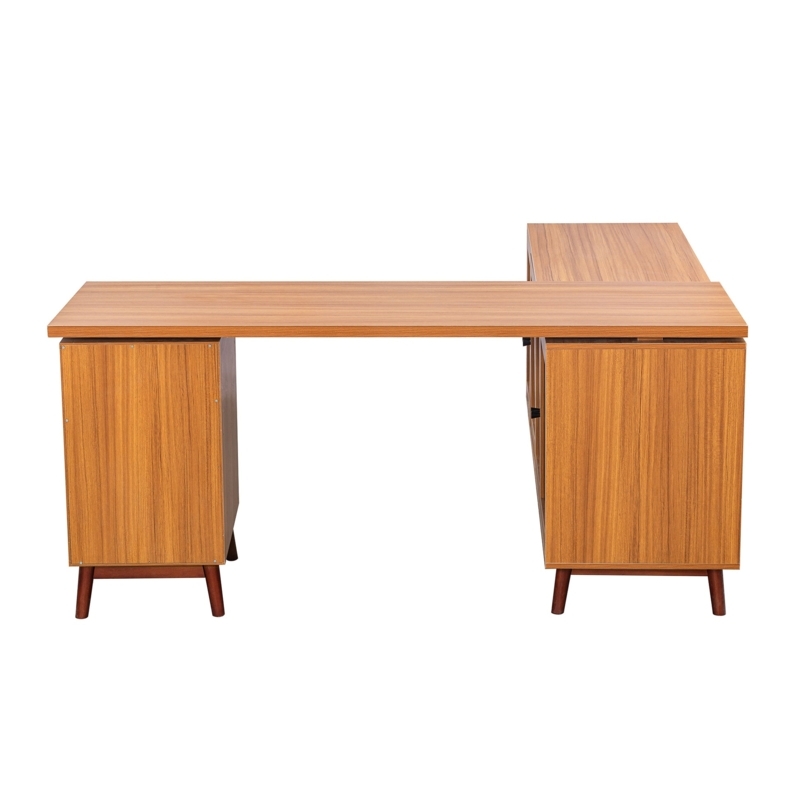 L-Shaped Desk Walnut Brown Tapered Legs Pedestal Base Mid-Century