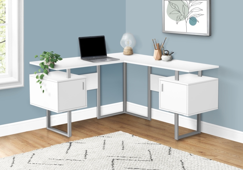 L-Shaped Desk with Floating Cabinets and Slim Silver Metal Frame