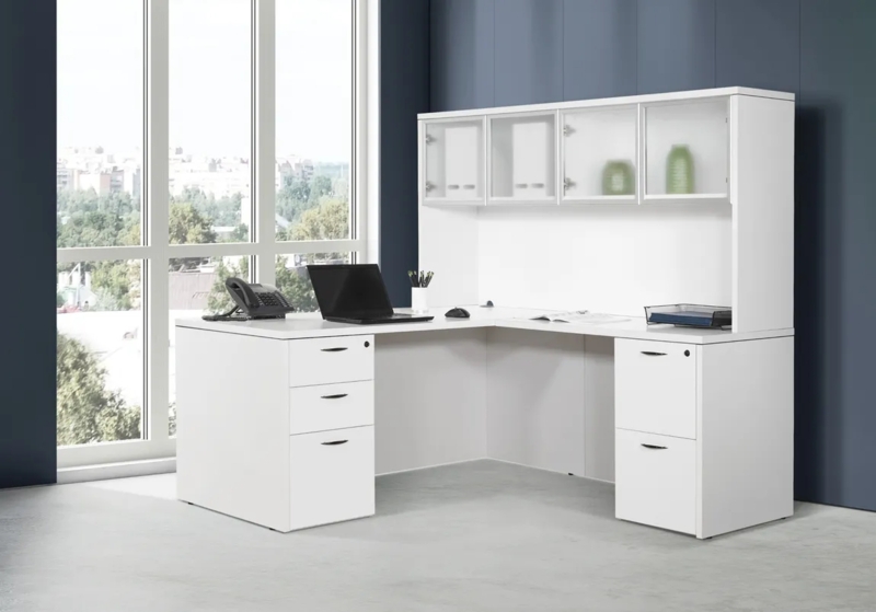 L-Shaped Desk with Frosted Glass Hutch and Integrated Filing Drawers
