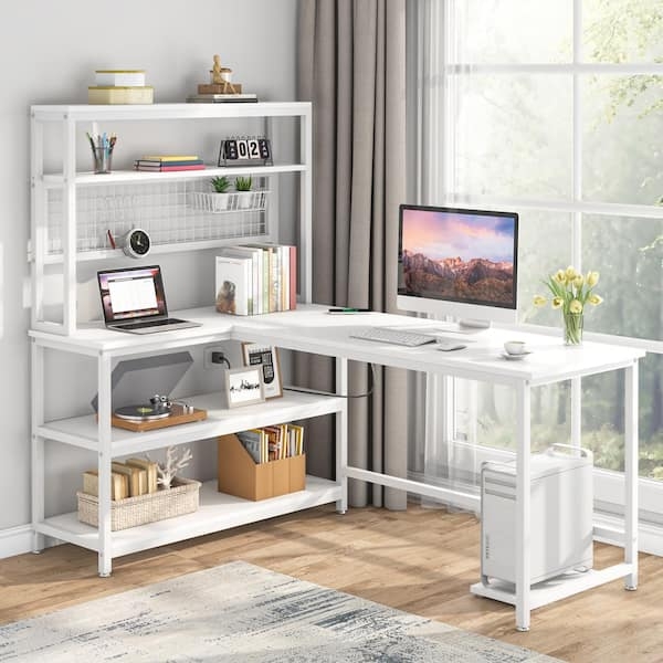 L-Shaped Desk with Integrated Hutch and Mesh Back Panel, White Workstation