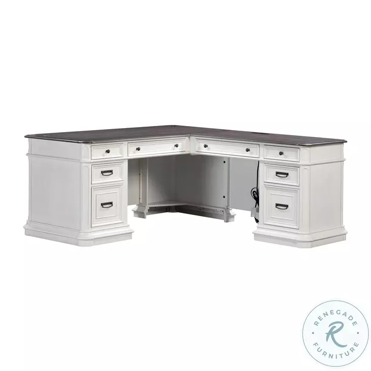L-Shaped Desk with Molded Pedestal Base and Cup Pull Hardware