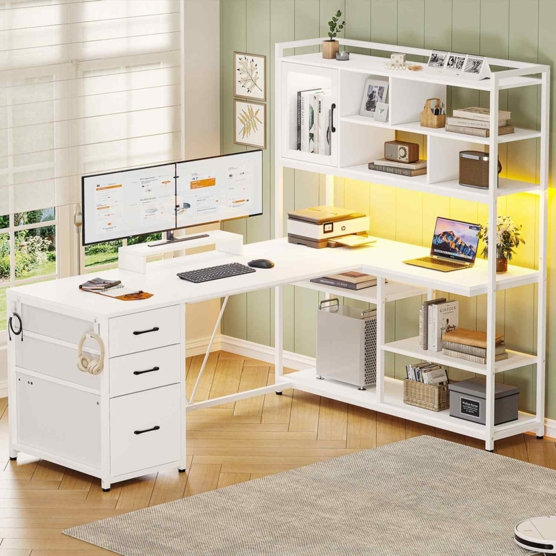 L-Shaped Desk with Monitor Riser, Side Hooks, and Hutch Shelving