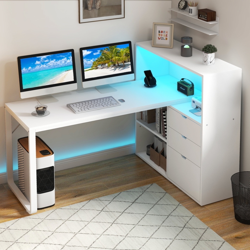 L-Shaped Desk with RGB LED Lights, Storage Hutch, and Power Outlets