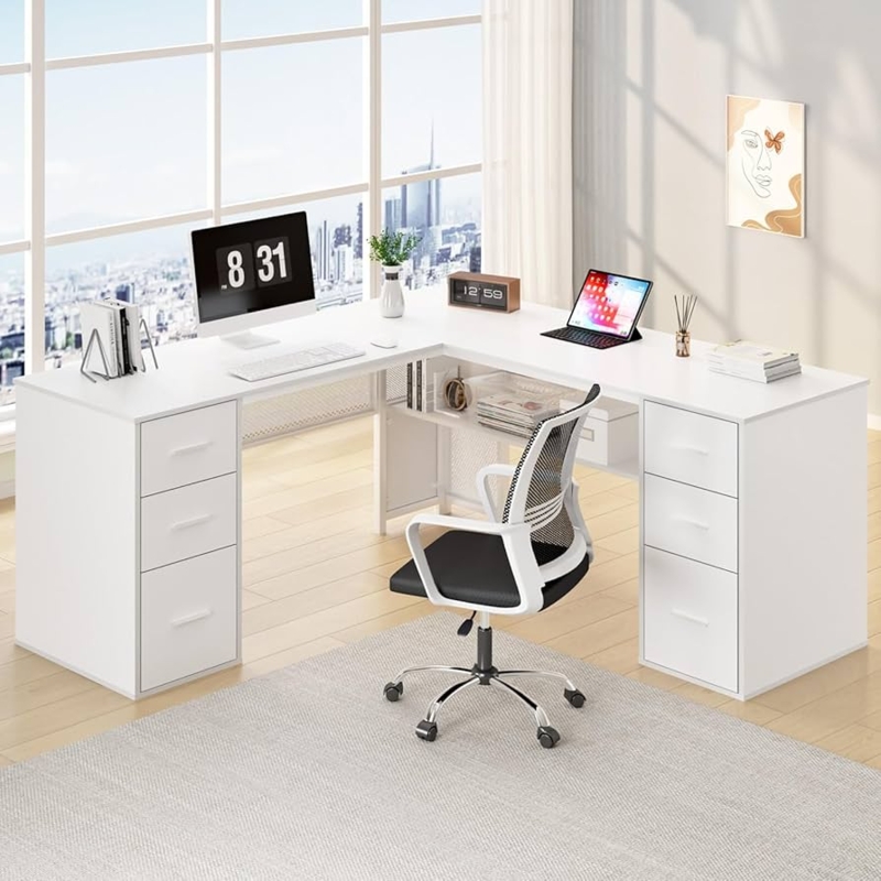 L-Shaped Desk with Six Drawers and Integrated Open Shelving, White