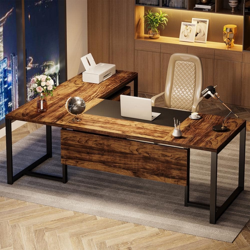 L-Shaped Desk Wood Grain Modesty Panel Rustic Brown Black Frame Industrial