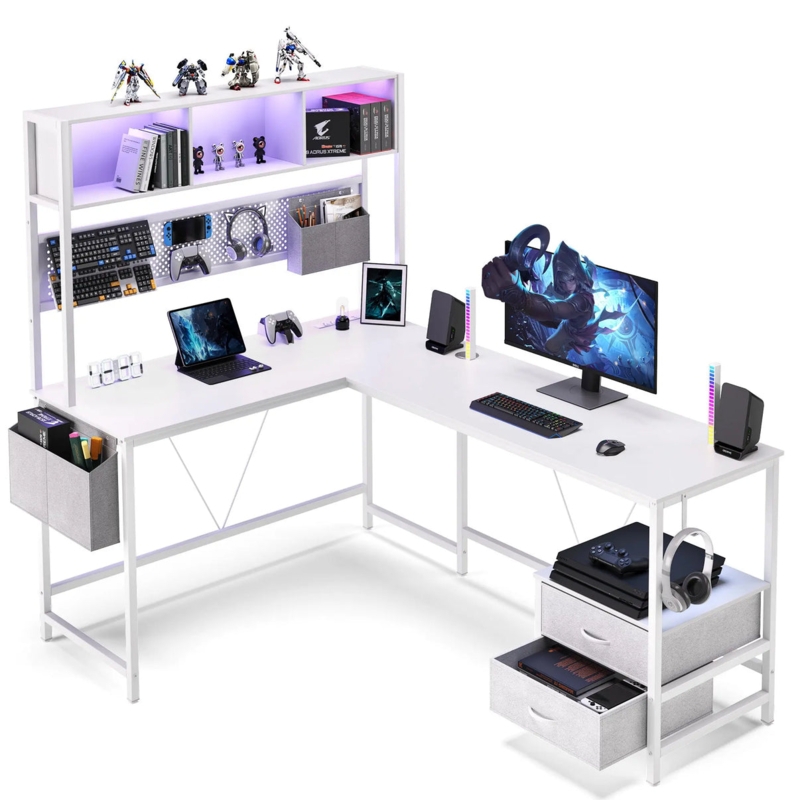 L-Shaped Gaming Desk featuring Pegboard Organizer and LED Backlighting