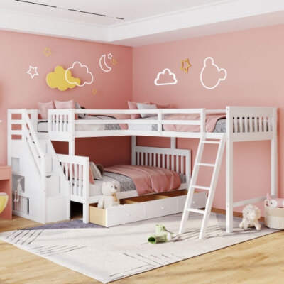 L-Shaped Loft Bunk Bed White Wood with Storage Staircase Drawers